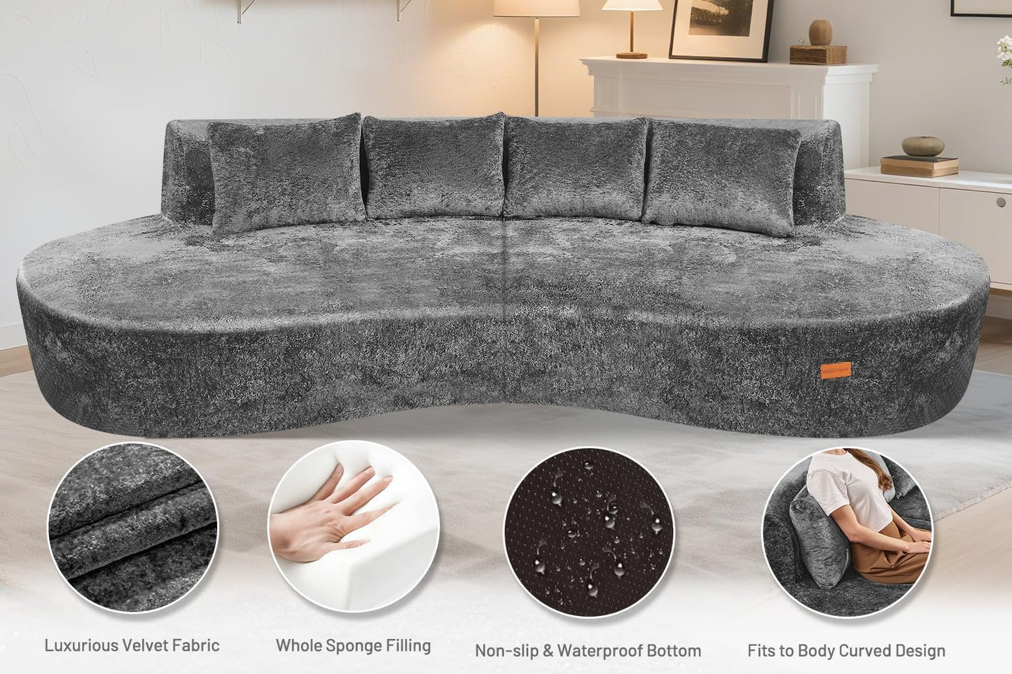Homguava 104'' Modular Sectional Sofa,Curved Modern Sofa with Memory Foam,Deep Seat Cloud Couch with 4 Pillows,Upholstered Oversized Couches for Living Room Apartment Office,No Assembly Required,Grey