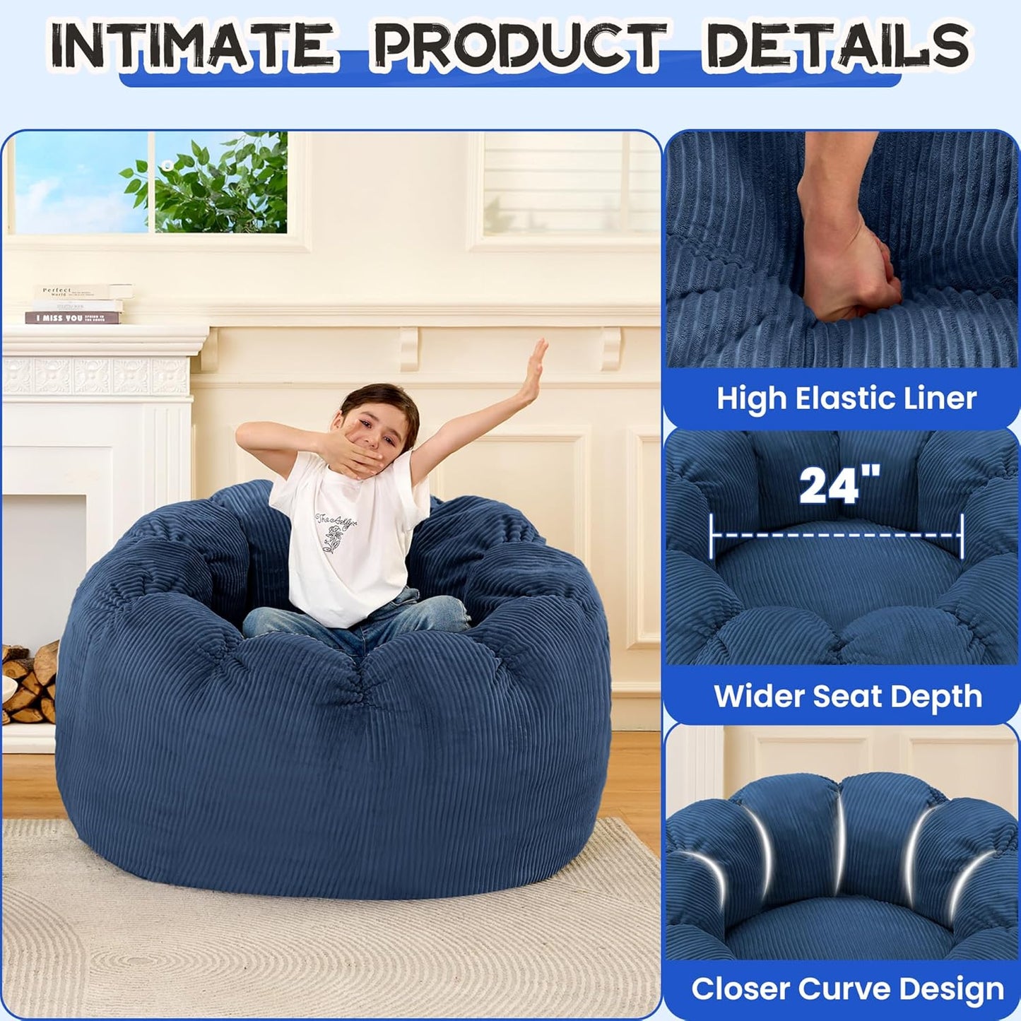 HABUTWAY Giant Bean Bag Chair for Adults/Kids/Teens, Pumpkin Bean Bag Couch Comfy Reading Chair for Bedroom, Corduroy Lazy Sofa Loughe Chair with Wider Seat Depth & Non-Slip Bottom(Blue)