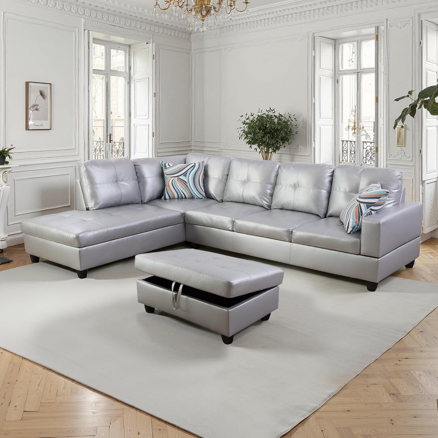 NicBex Sectional Couch 3 Pieces Sofa Set with Right Chaise Synthetic Leather L Shaped Cloud Couch for Living Room Furniture Sets with Storage Ottoman, Modular Sofa for Living Room & Apartment, Silver