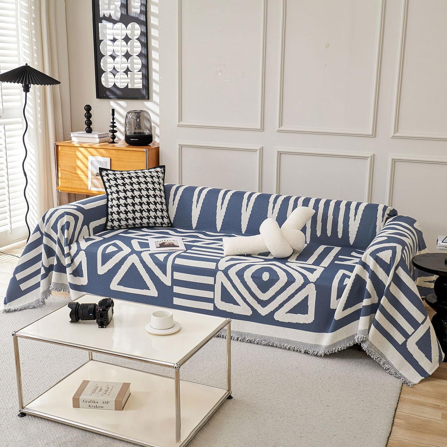 STACYPIK Boho Chenille Blue Sofa Cover L Shaped Couch Cover Reversible Couch Cover for 3 Cushion Couch Non-Silp Furniture Cover for Dogs Cats Sectional Sofa Cover for Loveseat Futon Cover-91X150IN