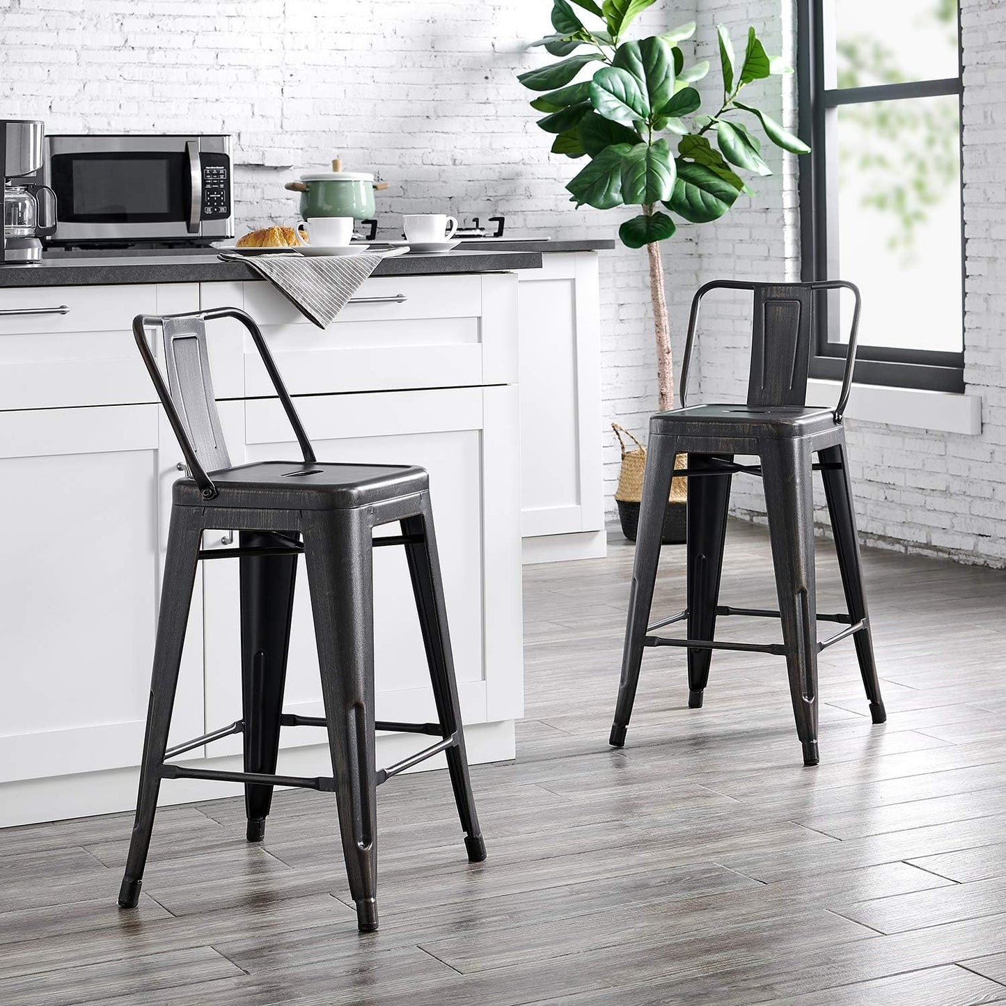 AC Pacific Modern 24” Metal Barstool Set of 2 – Country Rustic Style with Low Back, Lightweight & Sturdy Build, Easy Assembly, Matte Black