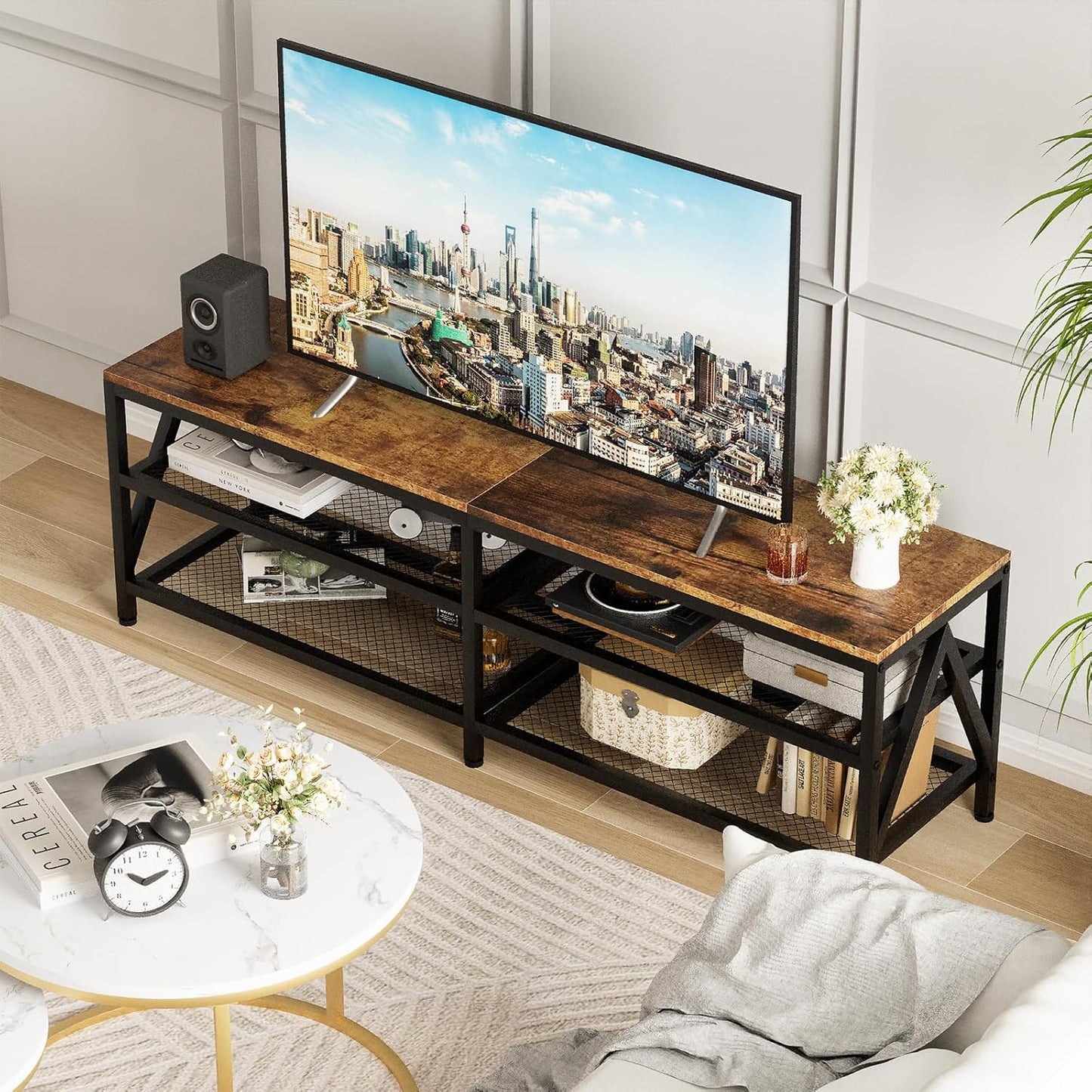 TV Stand for TVs up to 70 Inch, 63" Long Industrial TV Console Table with 3-Tier Storage Shelves, Entertainment Center for Living Room, Bedroom (Rustic Brown)
