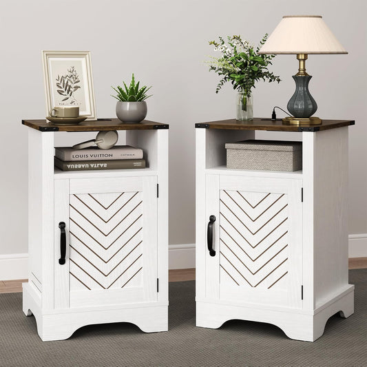 RoyalCraft Set of 1 Farmhouse Nightstand, White End Table with Charging Station, Tall Bedside Table with Large Storage Room and Shelf, Wooden Rustic Nightstand for Bedroom, Home Office