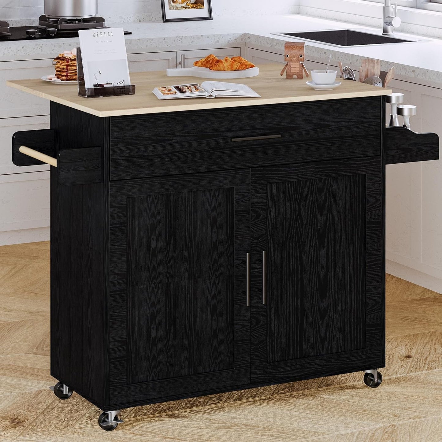 IRONCK Kitchen Island with Storage, Rolling Kitchen Island on Wheels with Drop Leaf, Charging Station, 3 Open Spice Rack, Cabinet, Drawer, Kitchen Cart Island Table for Kitchen, Black