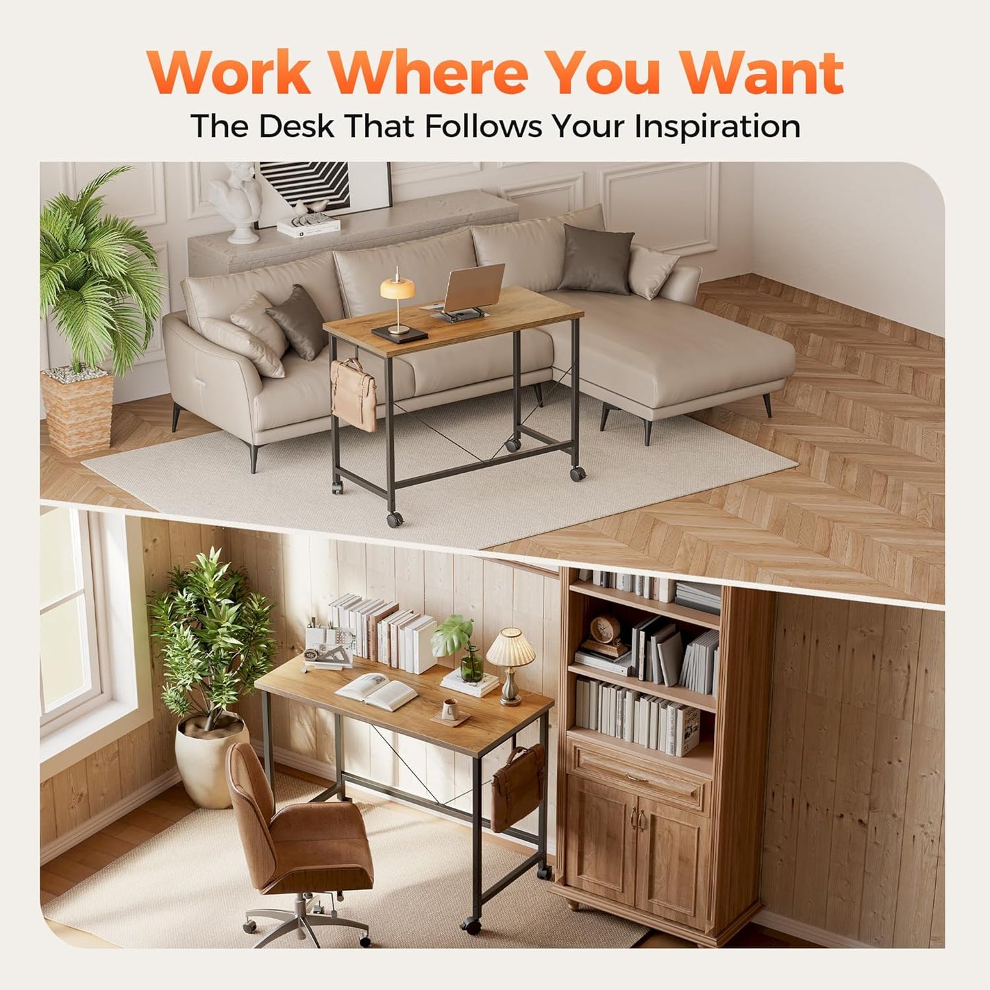 Rolling Computer Desk with Wheels, Gaming Desk for Small Spaces, Modern Simple Style Table for Home Office, Study Writing Table (Caster, Light Antique, 32 inch)