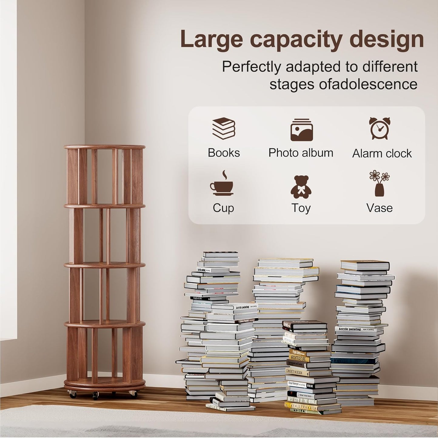 KEIKI Solid Wood 4 Tier Rotating Bookcase, Round Revolving Bookshelf with Lockable Wheels, Space Saving Wide Book Rack for Corner, Office, Bedroom, Walnu
