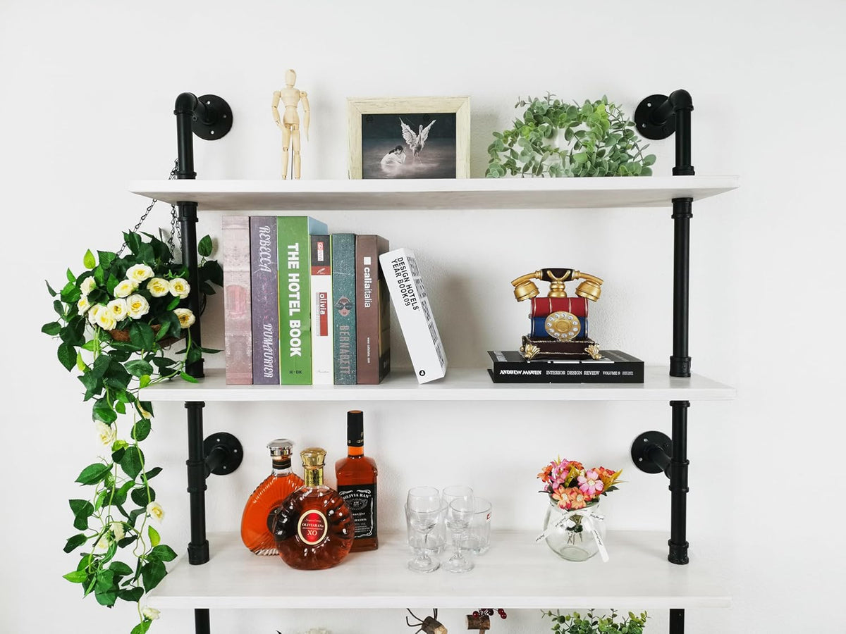 Ladder Pipe Shelves, Wall Mounted Industrial Shelves for Living Room Storage (White, 5 Tier - 10" D x 36" W x 70" H)