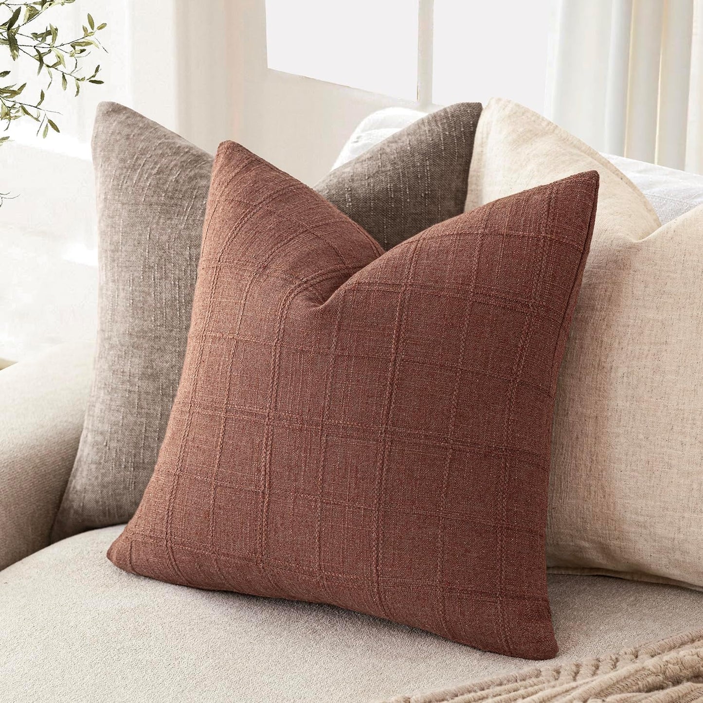 Foindtower Set of 2 Decorative Linen Check Throw Pillow Covers Neutral Farmhouse Vintage Cushion Covers Modern Boho Home Decor for Sofa Chair Couch Bedroom Living Room Outdoor,26×26 Inch,Autumnal Red