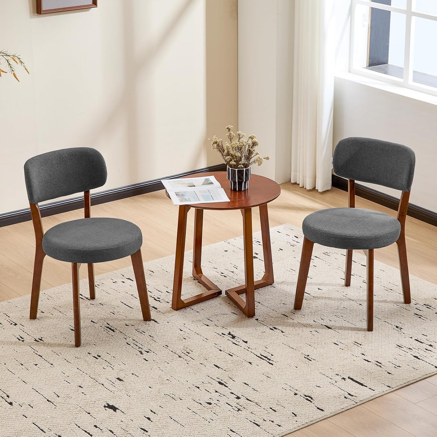 Furniliving Wooden Dining Chairs Set of 2, Mid-Century Modern Linen Upholstered Kitchen Chair with Solid Oak Wood, Farmhouse Dining Room Chairs, Grey