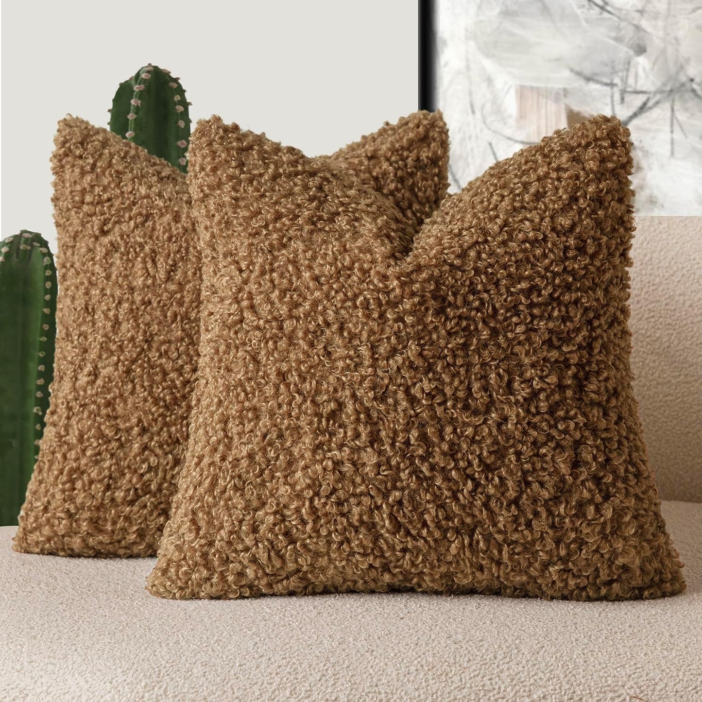 Foindtower 2 Pieces 16x16 Inch Dark Bronze, Faux Fur Throw Pillow Cover Accent Sherpa Furry Pillow Covers Fuzzy Soft Pillowcases Cozy Sheepskin Decorative Fleece Cushion Case for Bed Couch Living Room