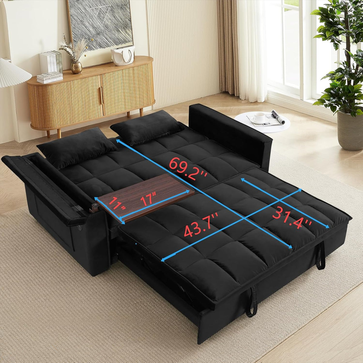 Ball & Cast 55" 3 in 1 Sleeper Sofa Bed Velvet Upholstered Pull Out Couch with Adjustable Back & 2 Pillows,Convertible Futon Sofa Bed W/Hidden Side Table,Side Pocket & USB Port,for Living Room,Black