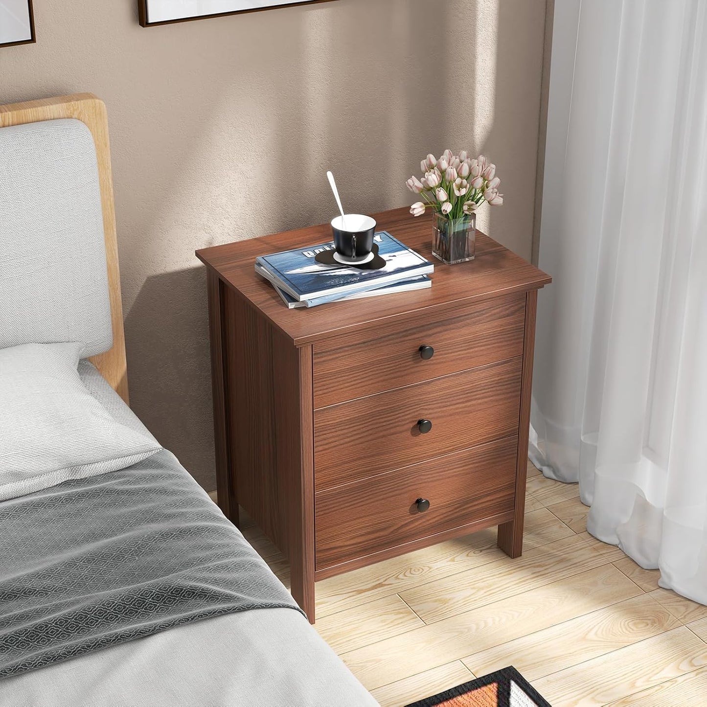 KOMFOTT 3 Drawers Nightstand, Wooden Bedside Table, Modern Sofa Side End Table, Space-Saving Telephone Table, Chest of Drawers for Living Room, Bedroom & Office (1, Walnut)