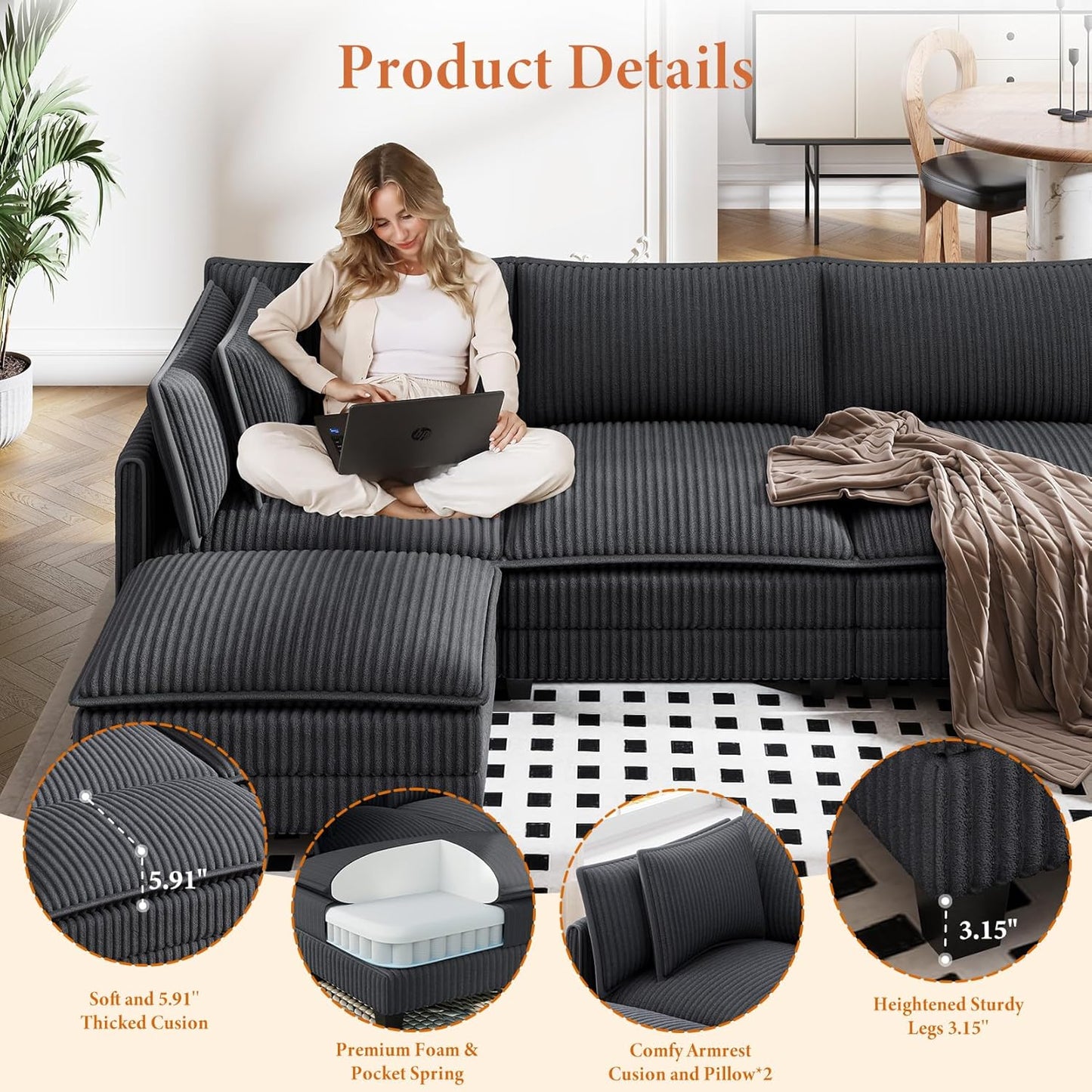 Vesgantti 109" L Shaped Cloud Sectional Couch, Comfy Corduroy Upholstered Modular Couches for Living Room, Modern 3 Seater Sectional Sofa with Ottoman Deep Seat, Dark Grey