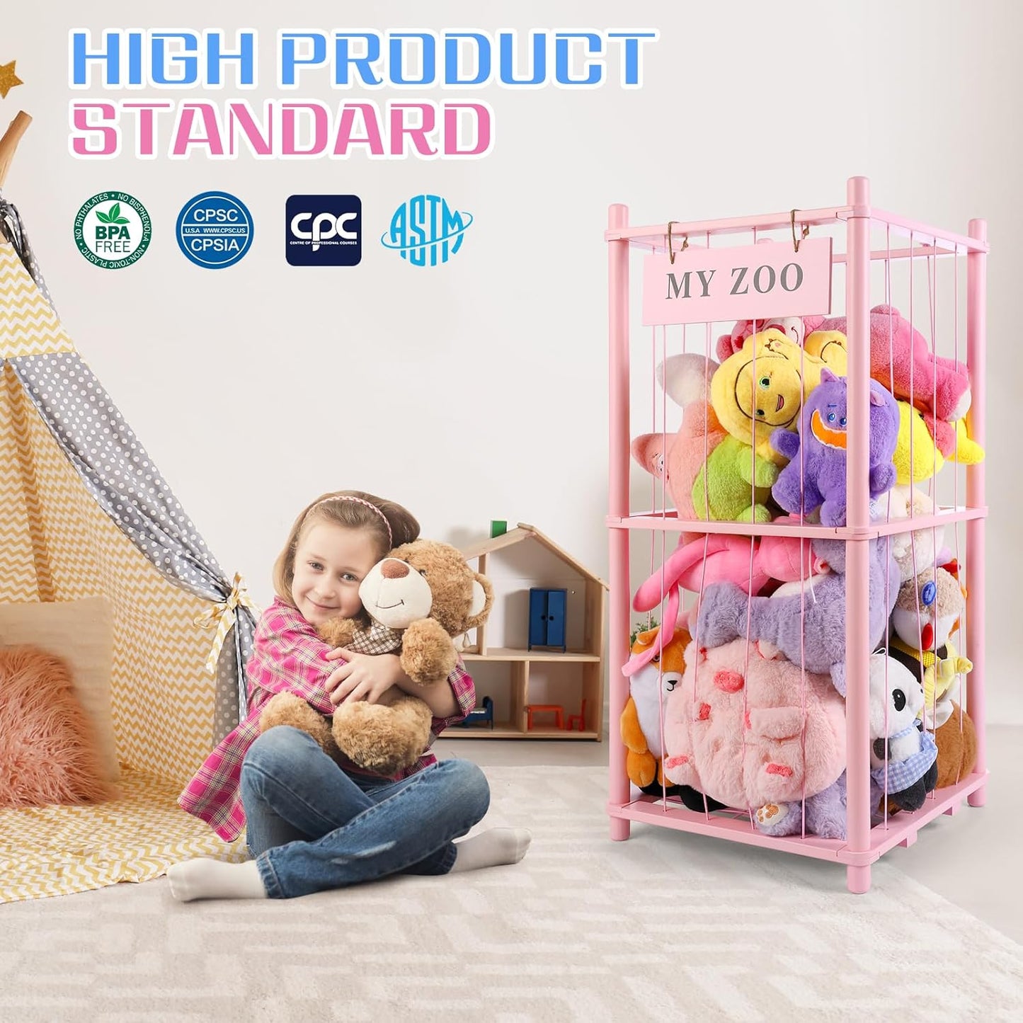 Stuffed Animal Storage Zoo, Wooden Stuffed Animal Organizer with Elastic Cords for Boys Girls, Space Saving Toy Plushies Storage Holder for Playroom, Bedroom, Living Room (Pink, Small)