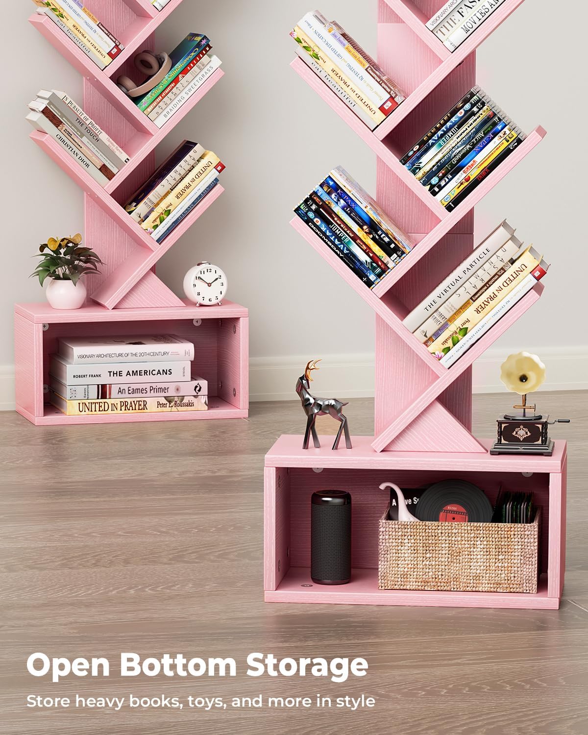 6 Tier Tree Bookshelf with Light, Narrow Bookcase Tower, Tall Floor Standing Book Shelf Organizer with Storage Cabinet for Living Room, Bedroom and Home Office, Pink