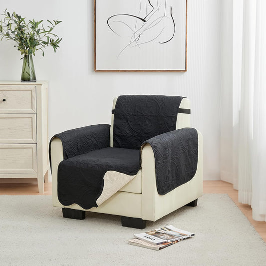 Great Bay Home Reversible Chair Cover - Washable Slipcover Furniture Protector with Elastic Straps - Chair Cover for Dogs, Kids, and Pets - Quilted & Stitched Detail (Chair, Black/Taupe)