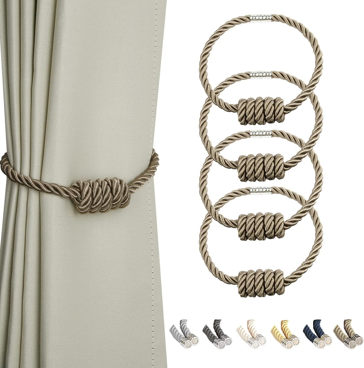 BEL AVENIR Magnetic Curtain Tiebacks, Decorative Drapery Holdbacks Modern Woven Tie-Backs with Exquisite Knot (Flaxen, 4 Pack)