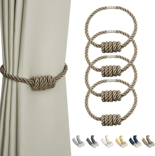 BEL AVENIR Magnetic Curtain Tiebacks, Decorative Drapery Holdbacks Modern Woven Tie-Backs with Exquisite Knot (Flaxen, 4 Pack)