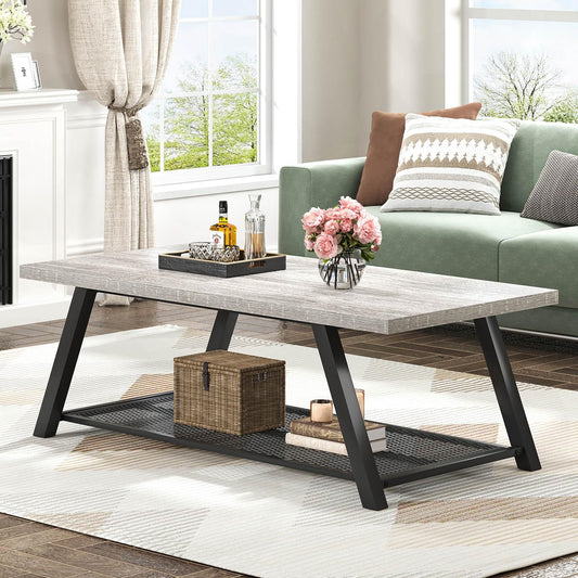 FOLUBAN Industrial Coffee Table, Rustic Wood and Metal Center Table with Storage, Modern Rectangle Cocktail Tea Table for Living Room Office, Light Grey, 47 Inch