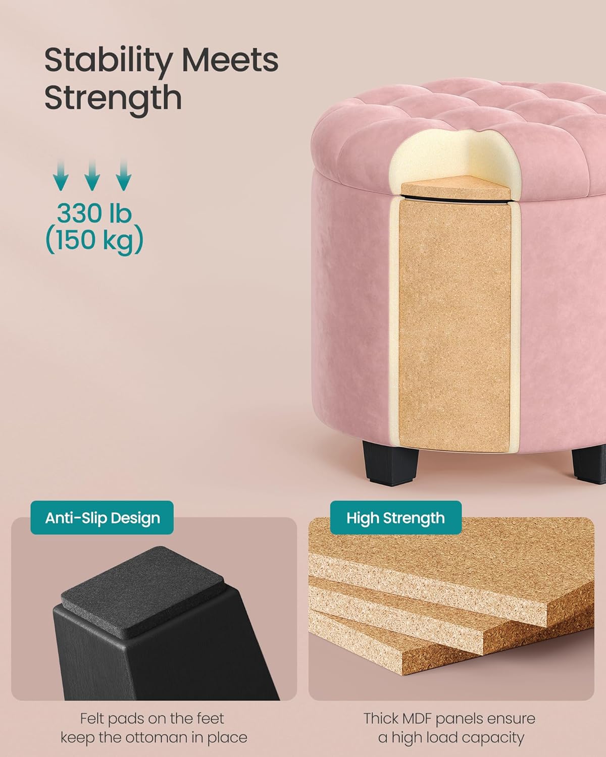 SONGMICS Round Ottoman, Ottoman with Storage, 17.7 x 17.7 x 17.5 Inches, Foot Rest with Legs, Velvet, Load up to 330 lb, for Living Room, Bedroom, Jelly Pink ULOM012R01