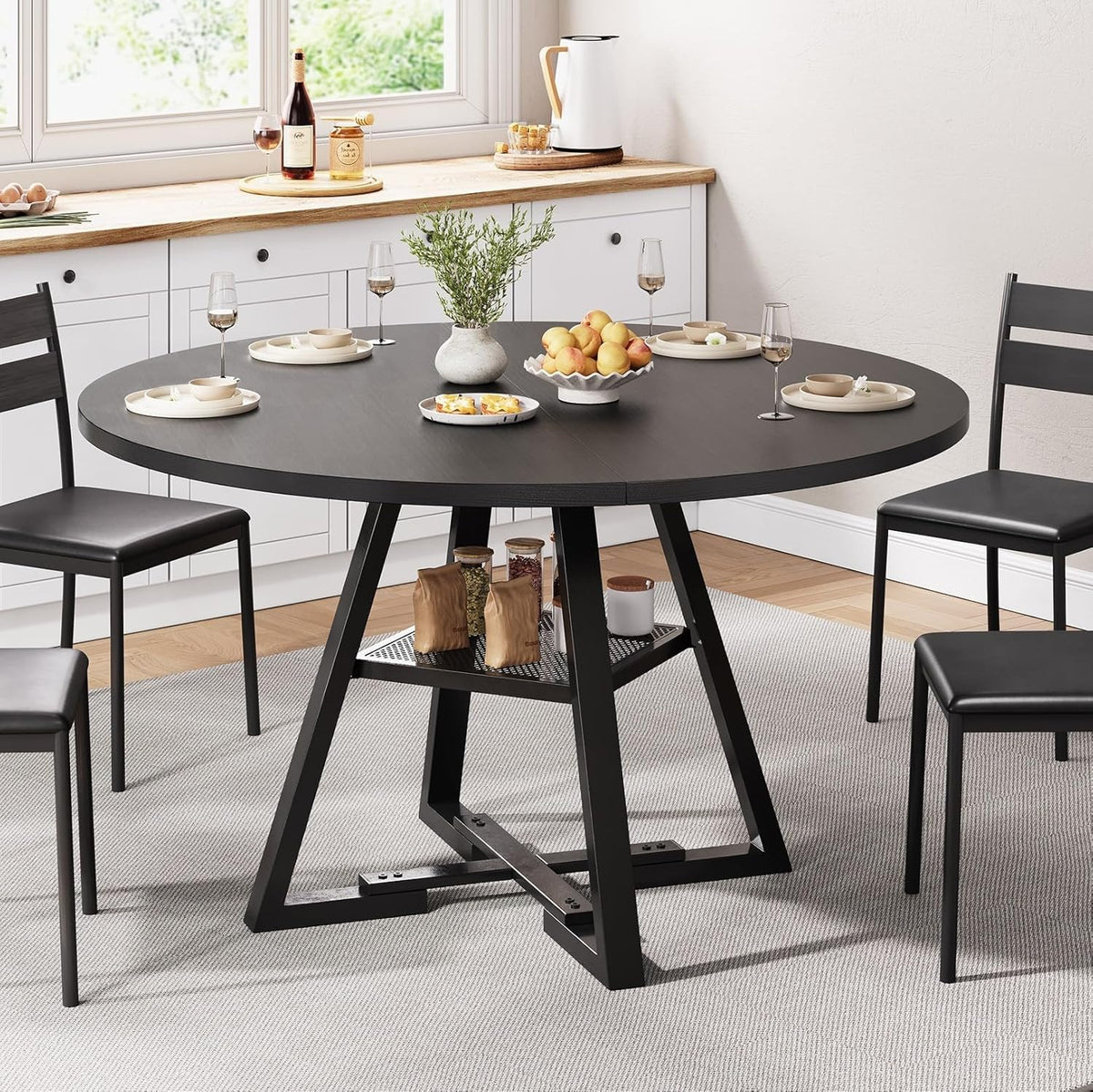 Round Dining Table for 4,Kitchen Dining Room Circle Dinner Pedestal Table,Space Saving Wood Kitchen & Dining Room Furniture (Black, 42In)