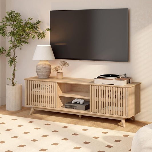 Plank+Beam Mid-Century Modern Wood TV Stand, Solid Wood Entertainment Console with Storage, 59" L x 16" W x 19" H, Blonde