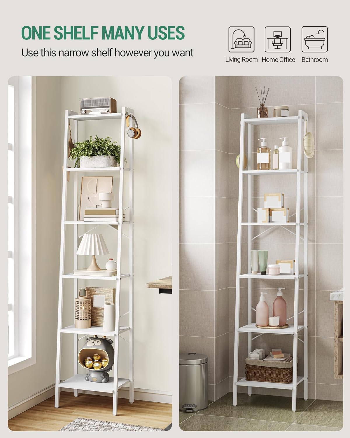 Ladder Shelf, Bookshelf Bookcase, Freestanding Corner Storage Shelve with 2 Hooks for Home Office, Living Room, Kitchen, Bedroom, Industrial, 6-Tier White BC13313W