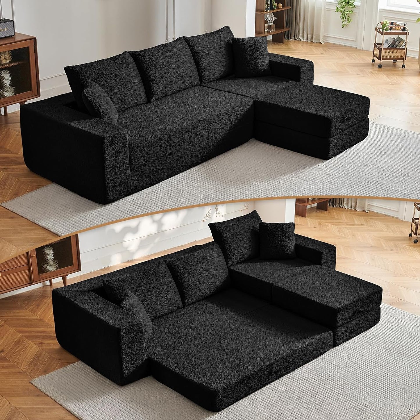 108" Modular Sectional Cloud Sofa - Boneless Couch with Deep Seat, Non Slip Base, Folding Sofa Sectional Couches for Living Room, Cozy Modular Couch with L-Shape Chaise, No Assembly Required, Black