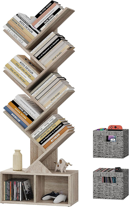 Vagusicc 6 Tier Tree Bookshelf, Small Bookcase with Storage Cabinet, Modern Tall Narrow Bookshelves Organizer, Floor Standing Book Shelf for Bedroom/Living Room/Home Office/Corner, Rustic Greige