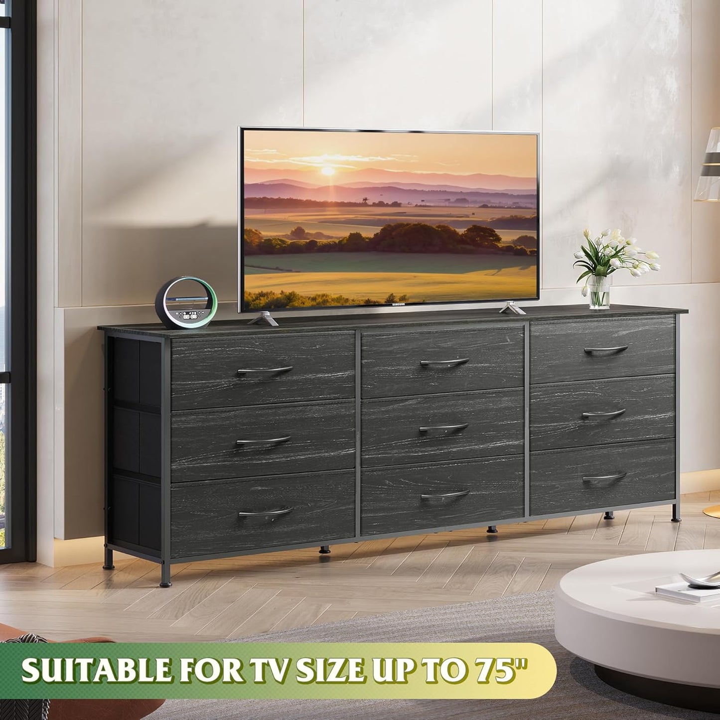 WLIVE 63''W Dresser for Bedroom, Black Dresser TV Stand for 65, 70, 75 inch TV, Wide Chest of Drawers with 9 Drawer, Large Entertainment Center, Fabric Dressers with Wood Top for Closet, Living Room