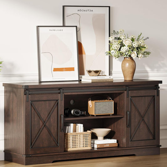 IDEALHOUSE Farmhouse TV Stand and Entertainment Center for Tv up to 65 inches with Sliding Barn Doors and Adjustable Shelf, Tv Media Console Table with Storage Cabinet for Living Room, Brown