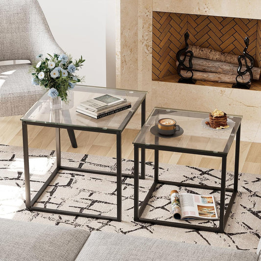 Garden 4 you Coffee Table Set of 2, Modern Glass Nesting Table, Metal Frame Square Center Table Set, Side Tables, Nesting Coffee Table for Living Room, Bedroom and Small Spaces, 19.7in Black