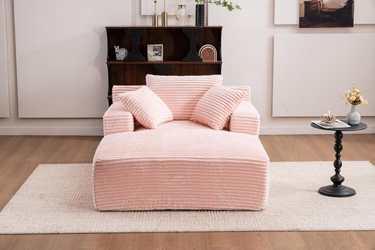 Oversized Chaise Daybed Lounge Sleeper Chair Sofa Bed Indoor, Fluffy Corduroy Upholstered Sleeper Recliner Sofabed Extra Wide Full Foam Cloud Sofabed W/3 Pillows for Home/Apartment Living Room Bedroom