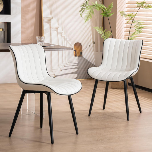 YOUNUOKE Mid-Century Modern Dining Chairs Set of 2, White PU Leather Upholstered Kitchen Chairs with Black Metal Legs, Armless Accent Chair for Dining Room, Guest Reception Room