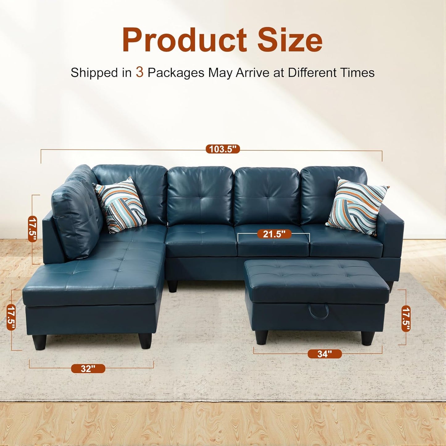 Osparple Sectional Couches for Living Room PU Leather L Shaped Couch 3 Pieces Modular Sectional Sofa with Storage Ottoman for Living Room and Small Apartment, Peacock Blue