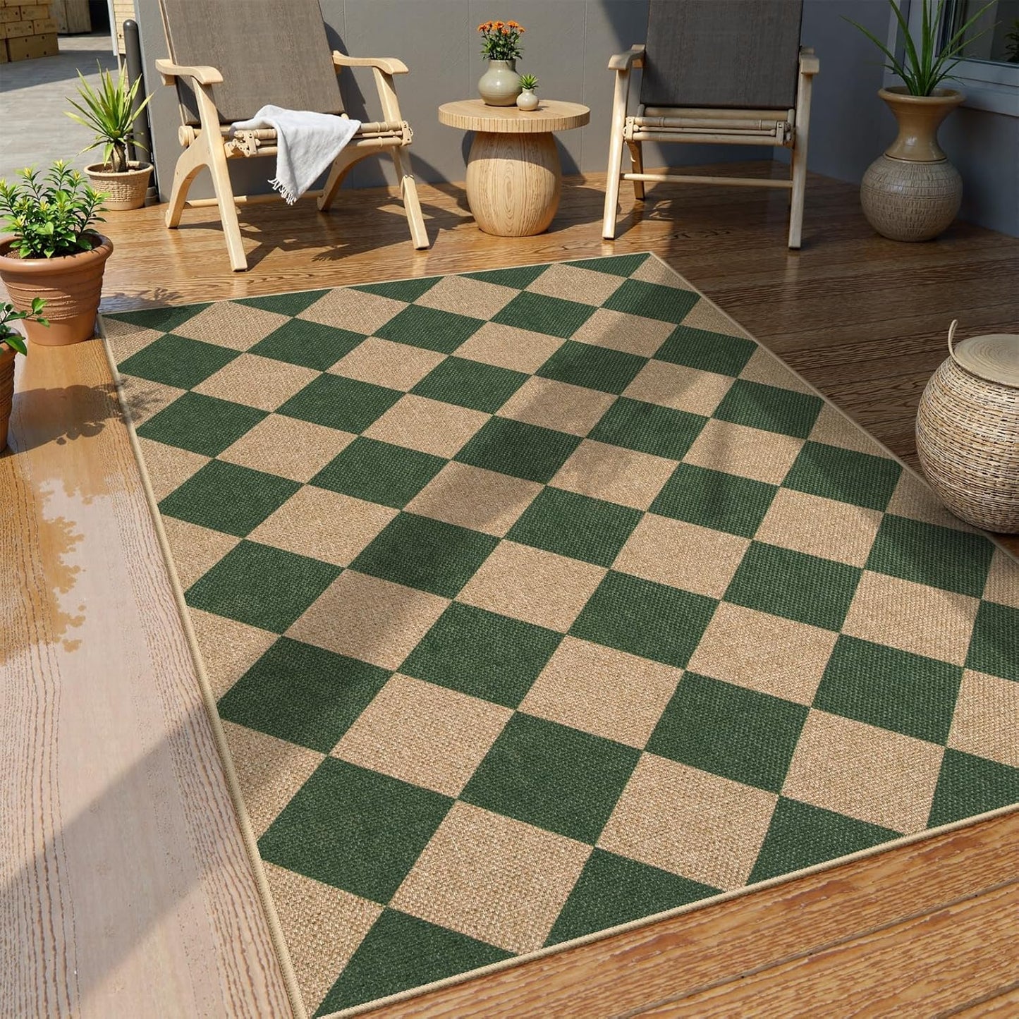 Lahome Checkered Outdoor Patio Easy Jute Rug, 3x5 Dark Green Washable Front Porch Door Rug, Farmhouse Indoor Outdoor Carpet Non Slip Non Shedding Carpet for Entryway Living Room Deck