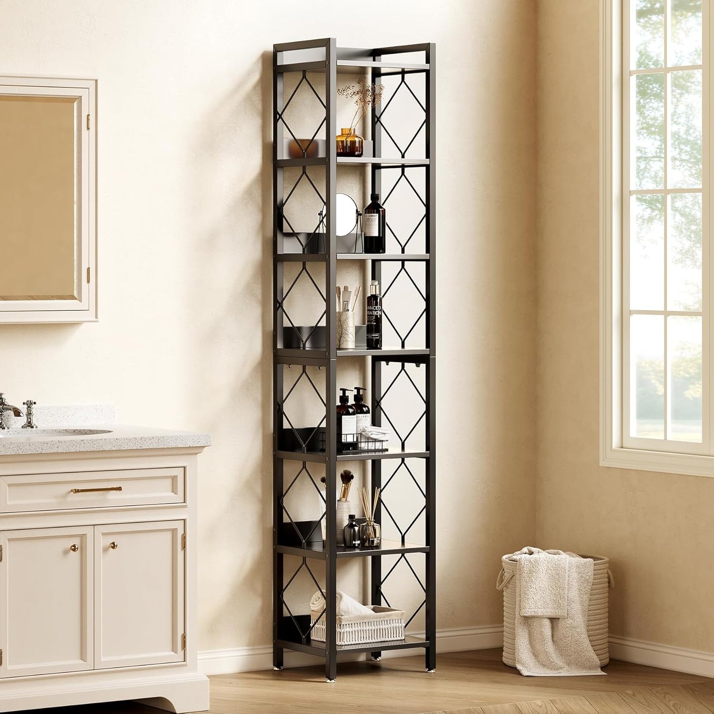LITTLE TREE Corner Book Shelf, 7-Tier Tall Bookcase, 78" Display Shelves with Sturdy Metal Frame for Living Room, Modern Narrow Standing Bookshelves, Black Office Shelf for Small Spaces, Bedroom