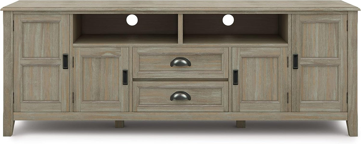 SIMPLIHOME Burlington SOLID WOOD 72 inch Wide Transitional TV Media Stand in Distressed Grey For TVs up to 80 inches for the Living Room and Entertainment Center