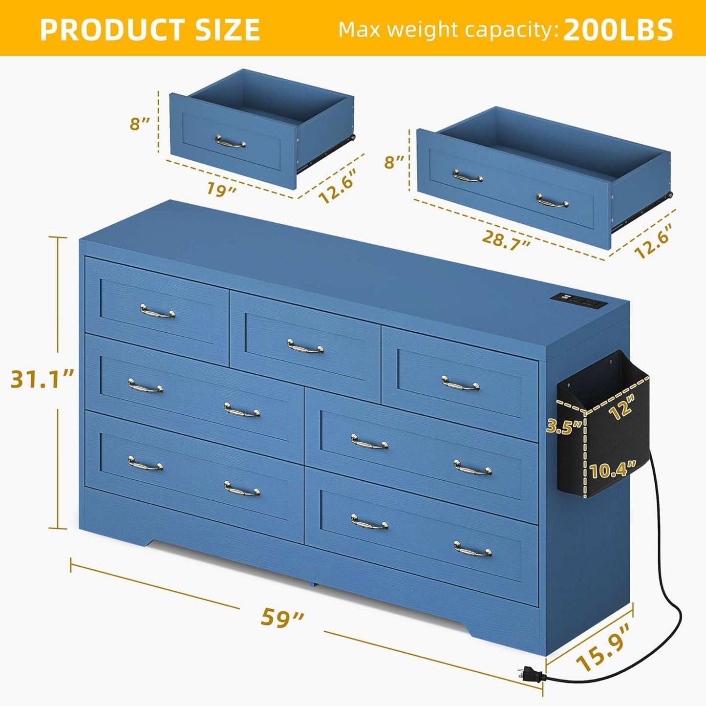 YITAHOME Drawers TV Stand for 65 inches with Power Outlets -Chest of Drawers Dresser with Side Organizer Bag Entertainment Center TV Console, Blue
