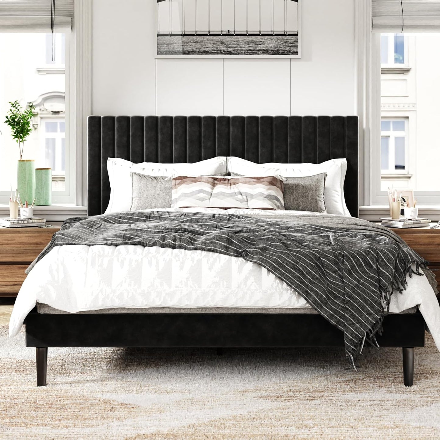 Full Size Bed Frame with Velvet Upholstered Headboard, Platform Bed with Strong Wood Slats, Mattress Foundation, Box Spring Optional, Easy Assembly, Black