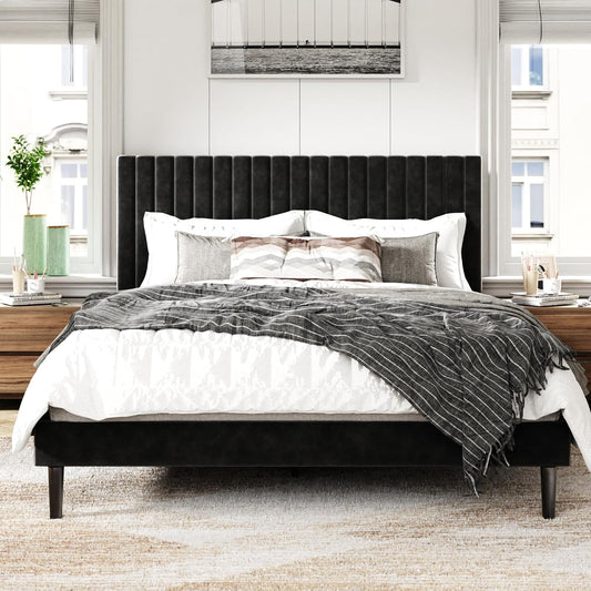 Queen Size Bed Frame with Velvet Upholstered Headboard, Platform Bed with Strong Wood Slats, Mattress Foundation, Box Spring Optional, Easy Assembly, Black