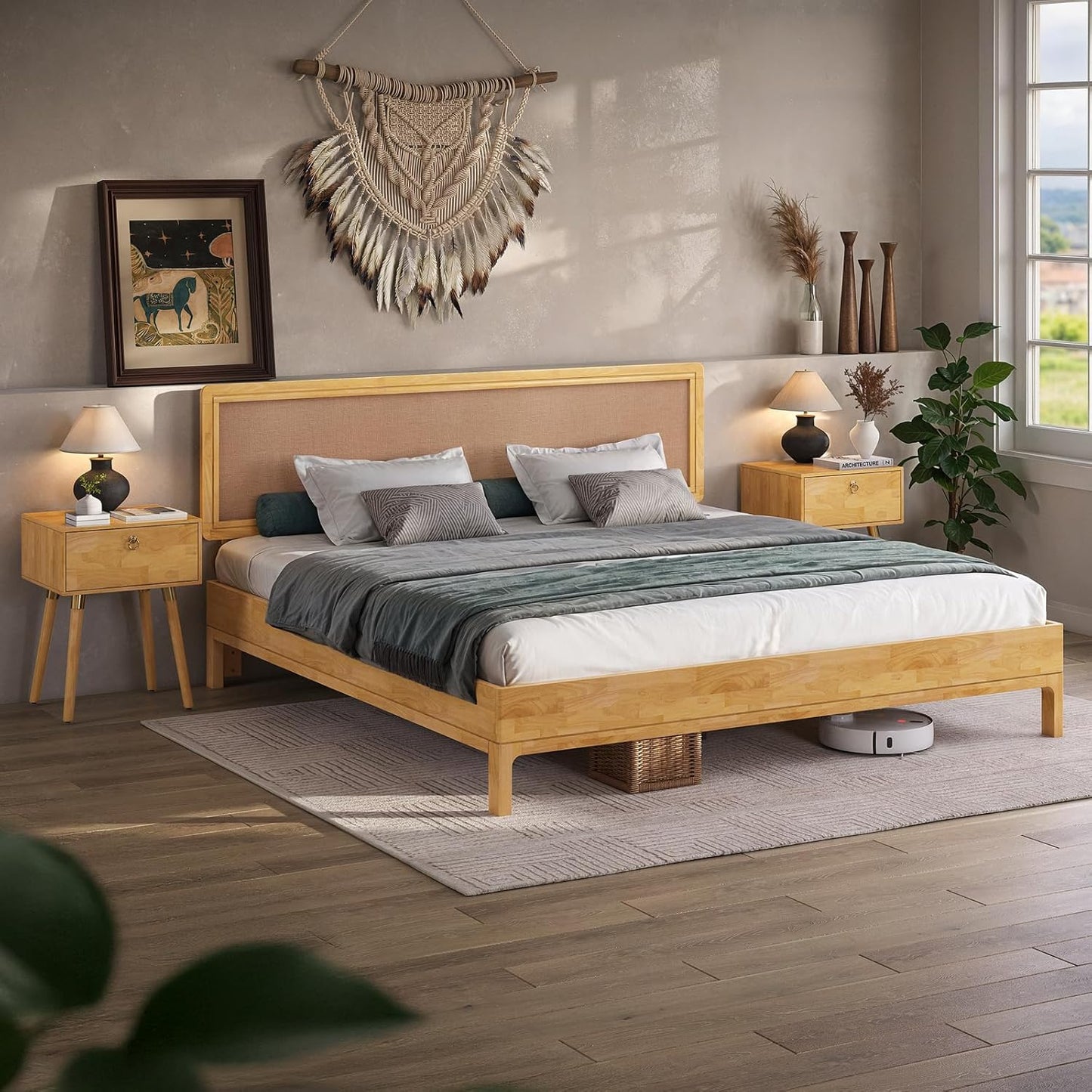 Nipe Platform Bed Frame with Headboard Size King - Light Natural - Solid Rubber