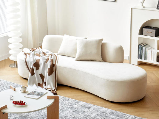 Container Furniture Direct 90" Curved Sofa with Throw Pillows, 4 Seater Luxury Velvet Couch with Half Moon Design and High-Density Foam, Ideal for Modern Living Room, Office & Apartment, Ivory