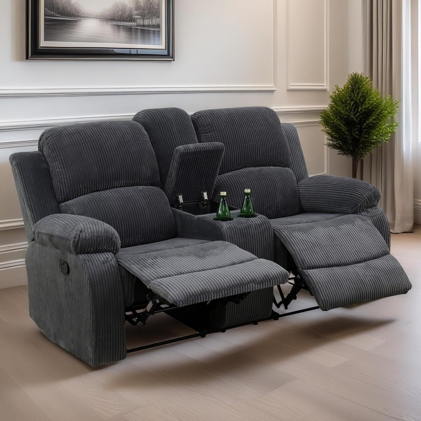 Loveseat Recliner Sofa, Reclining Loveseat Couch with Storage Console, Modern Comfy Home Theater Seating Power Recliner Chair with Cup Holders for Living Room Furniture Sets, Grey