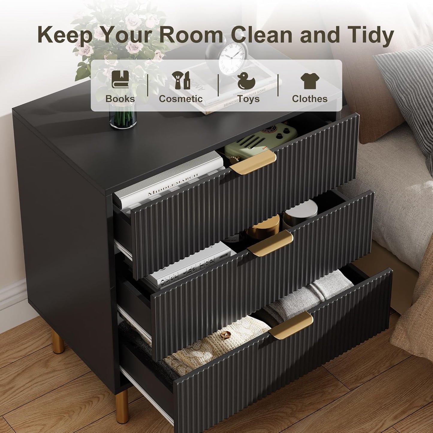 Black Dresser, Modern 3 Drawer Dresser for Bedroom with Gold Handle and Large Drawer, Wood Double Chest of Drawers and Storage Organizer for Living Room, Hallway, Entryway