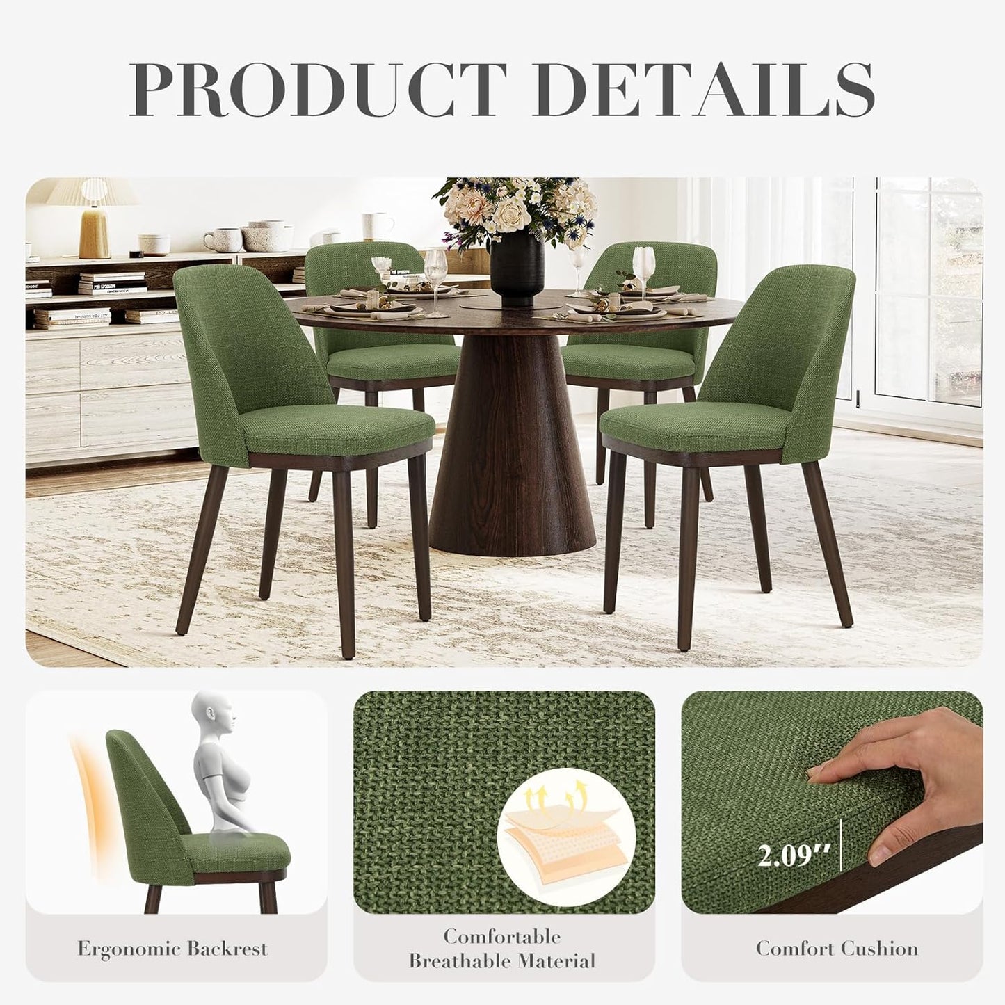 COLAMY Upholstered Dining Chairs Set of 4, Modern Kitchen Chairs with Back, Leather Side Dining Room Chairs with Wood Legs for Kitchen Dining Room Restaurant,Green