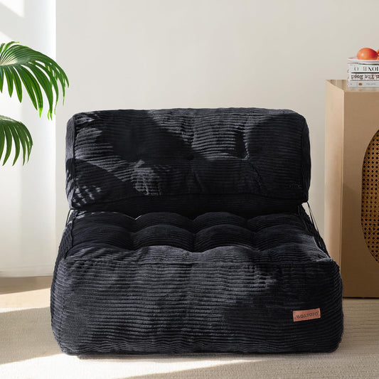 MAXYOYO Floor Sofa Bean Bag Sofa Couch, Comfy Floor Couch with Back Support, Portable Bean Bag with Filling, Corded Chair Seating for Living Room Bedroom Apartment, Black