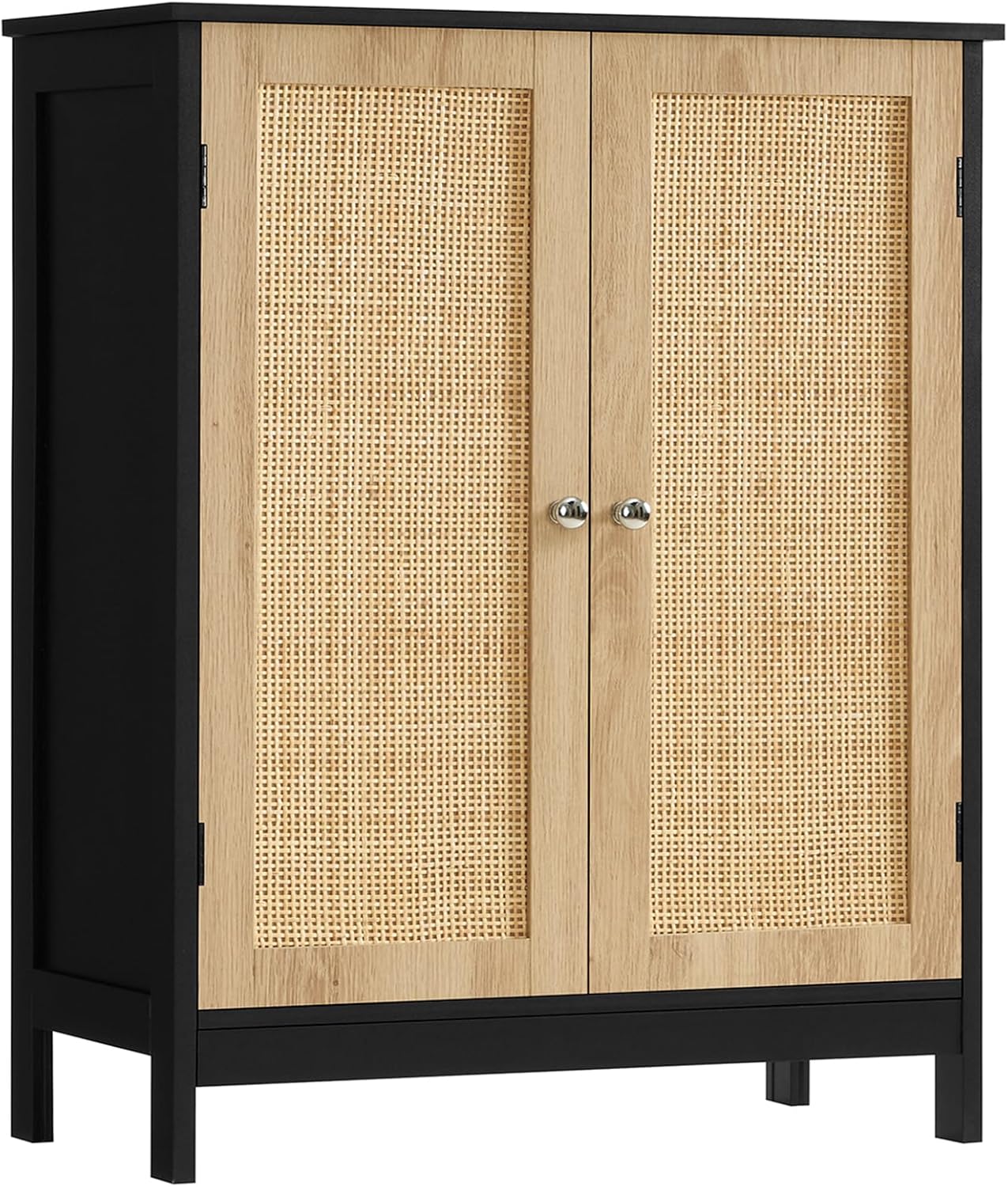 Iwell Storage Cabinet with Rattan Doors, Bathroom Storage Cabinet with Adjustable Shelf, Floor Cabinet for Living Room, Entryway, Kitchen, Home Office, Black