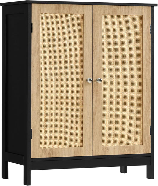 Iwell Storage Cabinet with Rattan Doors, Bathroom Storage Cabinet with Adjustable Shelf, Floor Cabinet for Living Room, Entryway, Kitchen, Home Office, Black