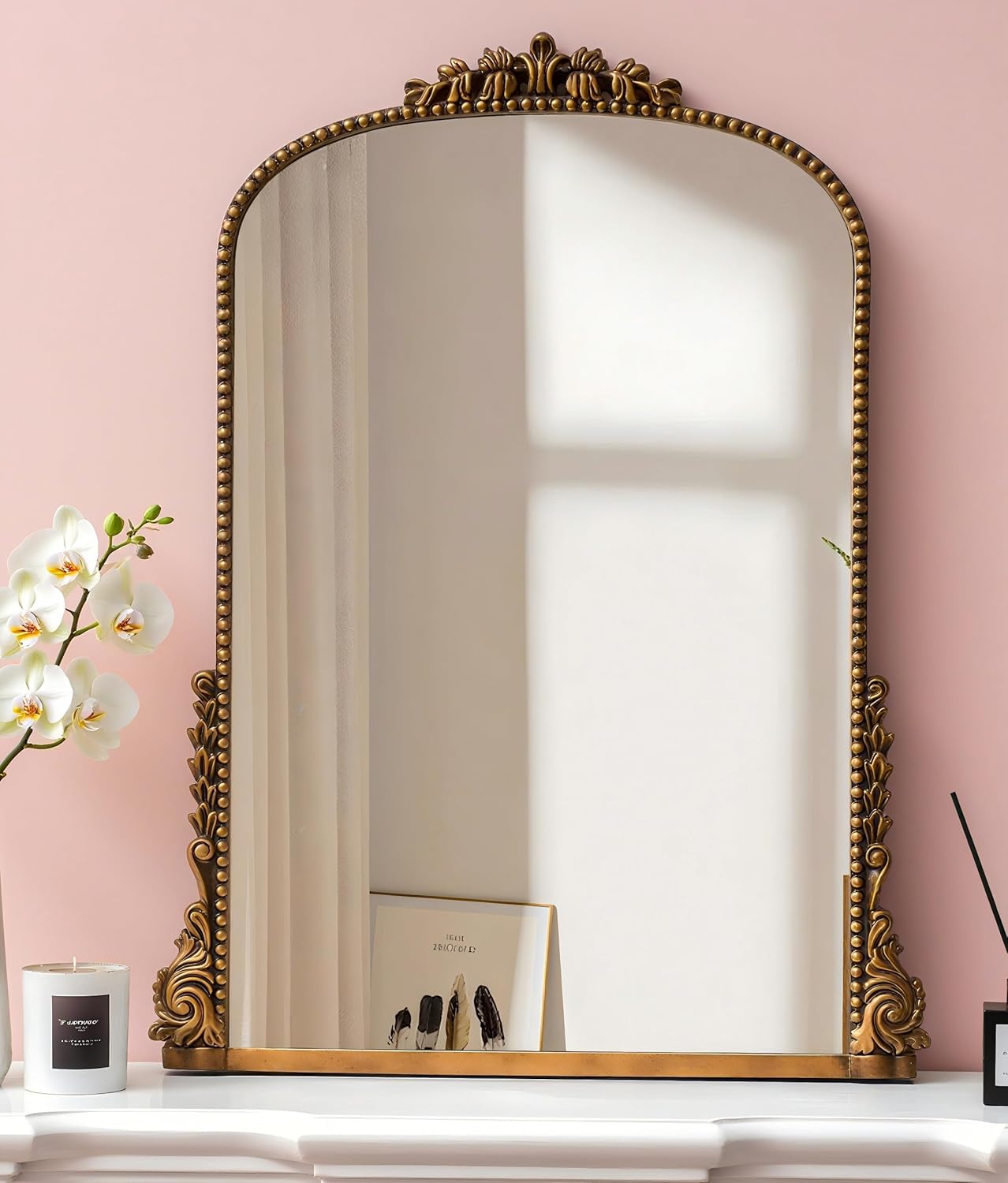 SHYFOY Antiqued Wall Mirror Decorative Vintage Mirrors for Wall Decor, Baroque Wall Mirrors Ornate Arch Mantel Mirror for Living Room Entryway Powder Room, Bronze Dark-Gold Wall Decor, MDF Backing